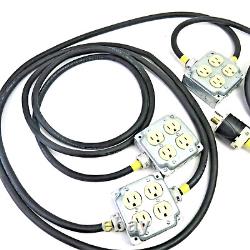 20 AMP 125V STAGE SYSTEM HEAVY 12/3 AC EXTENSION CORD With3 QUAD BOXES, FLEXCOR