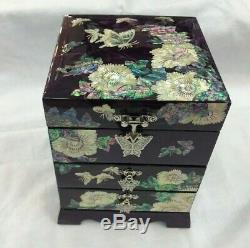 Korea Mother of Pearl Wood 3 stage Oriental Treasure Jewelry Ring Box Purple UK