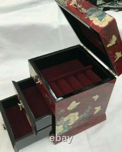 Korea Mother of Pearl Wood 3 stage Oriental Treasure Jewelry Ring Box RED UK