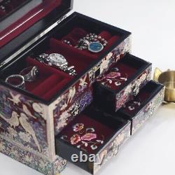Korean Mother Of Pearl Wood 3 Stage Mirror Jewelry Box New Handmade Red Oriental