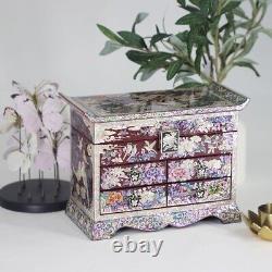 Korean Mother Of Pearl Wood 3 Stage Mirror Jewelry Box New Handmade Red Oriental