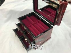 Korean Mother of Pearl Wood Red 3-stage Oriental Treasure Jewelry Ring Box