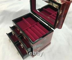 Korean Mother of Pearl Wood Red 3 stage Oriental Treasure Jewelry Ring Box UK