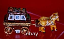 Limoges Trinket Box Peint Main France Stage Coach with Pair of Horses -retired