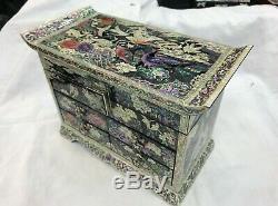 Mother of Pearl Wood Deluxe 3 stage Oriental Treasure Mirror Jewelry Box UK